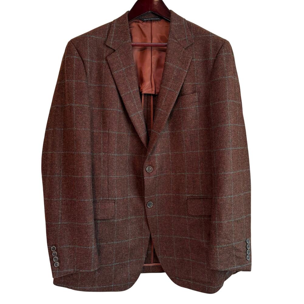 Coppley 100% Wool Blazer Sports Coat Brown Blue Check 44L EUC Made in Canada